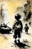 Placeholder: The nightmare small child having a bag pack walks in the streets, at war , a tank in the street with some in the background some soldiers illustration by Stephen Gammell