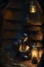 Placeholder: A dark dungeon, with a shelf with vintage bottles, and a young girl sitting on the floor, next to a lantern, studying old books