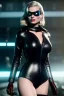 Placeholder: Margot Robbie dressed in shiny black leather, frank miller sin city, busty, cleavage, volumetric lighting, particales,highly detailed,cinematic, deep colours,8