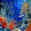 Placeholder: A dark blue coral reef with marine animals designed in ancient Roman mosaics painted by Claude Monet