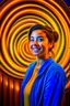 Placeholder: awake inside a game show, woman smiling online in the style of a master italian painter, spray paint, photo realism, trending on art station, 8k, depth of field, down light, light rays, volumetric, reflective spiral staircase, blue, yellow, golden brown and orange