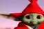 Placeholder: baby yoda wearing a red christmas hat . busy cyber city backround