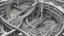 Placeholder: Vast, intricate landscape of organic, interwoven structures. Detailed, meticulous black and white drawing, showcasing a dense, labyrinthine network. Complex, surreal architecture composed of contorted, flowing forms resembling twisted organic matter. Perspective is from a high angle, looking down on a desolate, overgrown cityscape. High degree of detail in texture and form, with a focus on intricate patterns. A sense of decay and otherworldly ambience pervades the scene. Atmosphere is dar