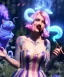 Placeholder: Ultra realistic wonderland photo, happy blonde woman smoking a shisha, blue dress, purple-cat friend, circus dress style, old school tattoo, smoke, marijuana garden, glow eyes, perfect iris, soft color, highly detailed, unreal engine 5, cinematic, ultra detail, volumetric lighting, high definition.