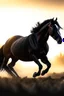 Placeholder: A black horse galloping towards the sunrise on a sunlit field. The horse is running at full speed, its mane and tail flowing in the wind. The sun is rising in the background, casting a warm glow over the scene