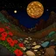 Placeholder: Colourful, peaceful, Egon Schiele, Max Ernst, Vincent Ban Gogh, night sky filled with galaxies and stars, rocks, trees, flowers, one-line drawing, sharp focus, 8k, deep 3d field, intricate, ornate