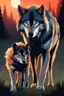 Placeholder: large wolf holding a smaller wolf by the scruff