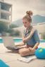 Placeholder: In the music video, a 23-year-old woman with brown/blonde hair and bright blue eyes. She has a messy bun. She is sitting i a swimming pool for children. She sits on a desk and is working on her computer. Childeren are playing in the pool around her.