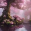 Placeholder: high-quality, fine-detail beautiful, breath-taking forest with gnarled trees, pink flowers and mushrooms, clear reflective lake, tranquil, stunning, 8k resolution, trending on artstation, dreamworks, volumetric lighting unity engine