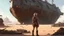 Placeholder: Concept art. Medium shot. skinny 50-year-old woman in brown shorts, shirt, and boots, standing next to a Star Wars cargo ship, sitting in a derelict alien town. Best quality.