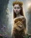 Placeholder: Young beautiful girl wearing floral crown and standing next to a stunning lion on nature forest path, Chronicles of Narnia Aslan and Lucy, 8k resolution, high-quality, fine-detail, iridescent, intricate, digital art, detailed matte, volumetric lighting, beautiful, illustration, 3D octane render, brian froud, howard lyon, selina french, anna dittmann, annie stokes, lisa parker, greg rutowski,