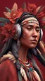 Placeholder: 3D illustration of native americans woman with headphones on and a deep red background with flowers, illustration, smooth 3d digital art, exquisite thee-dimensional rendering, 4K, blender, c4d, octane render , disney style 3d light, Zbrush sculpt, concept art, Zbrush high detail, pinterest Creature Zbrush HD sculpt, neutral lighting, 8k detail