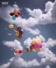 Placeholder: Ultra realistic speed clouds sky scene, wide angle view, strong men falling down with many Childs background, circus dress style, feather color, free jumping flying, many trinkets, hair monster, many jelly beans, balls, color smoke, smile, happy, extreme, wind, clouds sea, 20,000 feet altitude, stratosphere, soft color, highly detailed, unreal engine 5, ray tracing, RTX, lumen lighting, ultra detail, volumetric lighting, 3d, finely drawn, high definition, high resolution.