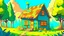 Placeholder: Cartoon style: at the end of the forest, on the horizon there is a small wooden house