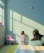 Placeholder: Realistic child room scene. sweet big furry monster sitting. girl from behind. Steven Spielberg style. Red hair, smile, happy, gradient color fog. highly detailed, concept art, unreal engine 5, ray tracing, RTX, lumen lighting, ultra detail, volumetric lighting, 3d, finely drawn, high definition, high resolution.