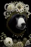 Placeholder: Beautiful black bear portrait, textured detailed fur adorned with baroque style white and black and yellow. Coppper, light beige brown gradient bioluminescence copper pearls, black berry colour diamond, black lily flower floral, and black floral hát and black diamond headdress, golden dust florals, organic bio spinal ribbed detail of detailed creative 3d baroque style light white floral, moonlight background extremely detailed hyperrealistic maximálist concept art