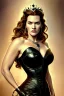 Placeholder: painting of kate winslet as evil queen in black leather gown, feminie, angry, stern look on her face, volouptous, busty, cleavage, emperious, mature, highly detailed, digital painting, artstation, concept art, smooth, sharp focus, illustration, art by gaston bussiere and alphonse mucha