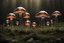 Placeholder: a fairy ring of oversize transparent glass mushrooms, phtorealistic