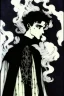 Placeholder: 17 year old boy, necromancer, friendly, looks dead, surrounded by weird smoke with eyes, wearing black robes, in the style of Harry Clarke
