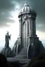 Placeholder: Mystische Statue aus Stein vor einem Fantasy Portal die einen alten Leuchtturmwärter zeigt