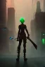 Placeholder: dystopian city, goblin, green hair, holding an axe, steampunk style