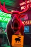 Placeholder: An big female moose with big eyes "Veronika Moser" performing at dance club, her name is "Moser" HAIRY FRUITS EVERYWERE On stage, Green Neon lights and smog, and "VERONIKA MOSER" big sign on the wall, "DU UND ICH UND MOSER" red plate sign, Swedish Yellow warning sign with moose