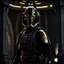 Placeholder: star wars bald male corellian pilot wearing gunmetal grey and black first order armored TIE pilot flightsuit and helmet with gold trim inside the jedi temple, centered head and shoulders portrait, hyperdetailed, dynamic lighting, hyperdetailed background, 8k resolution, volumetric lighting, light skin, fully symmetric details