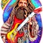 Placeholder: WOODSTOCK, hippie Santa playing electric guitar, psychedelic, peace sign, MUSHROOMS, TRIPPY, ACID, LSD, dreadlocks