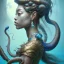 Placeholder: Sango fantasy, fantasy magic, intricate, sharp focus, illustration, highly detailed, digital painting, concept art, matte, art germ and Paul Lewin and Kehinde Wiley, masterpiece Japanese mermaid head bronze octopus' Asian African girl nice breast Thai hair turquoise silver blue under water