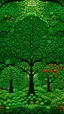Placeholder: Dark emerald green woods with apple trees designed in African masks painted by Paul Ranson