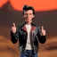 Placeholder: wide view young Fonzie with black hair greaser toy Action figure doll 1975 (thumbs-up) (face) Forehead grin, fonzarelli, jukebox background, eyes fonziE fonz