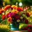 Placeholder: Act as a florist and provide a detailed description of a beautiful bouquet of flowers that would be perfect for placing in a basket on a seat. Describe the flowers, their colors, the arrangement, and any additional decorative elements that would enhance the overall aesthetic. Be sure to use vivid language to paint a vibrant picture of the bouquet, enticing the reader's senses.