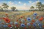 Placeholder: a field of cornflowers and poppies and daisies, a blue sky, bees, butterflies and in the distance flowering trees. Good definitions, lots of delicate details