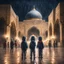 Placeholder: Hyper Realistic Children in Al-Aqsa Mosque with garland lights decorations at Rainy Night