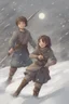 Placeholder: DnD style, two medieval peasant kids playing in the snow male and female, age 14 and 15, happy and playful, he has a short sword.