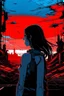 Placeholder: Dark outline line art anime style of a silhouette of a cyberpunk-inspired woman standing in front of a landscape shot of an active war zone with distant explosions, light black and red long hair, light blue eyes, short red and white tank top, (looking intently at viewer), (viewer from low ground level view with focus on eyes), (inspired by Cyberpunk mixed with Fate: Grand Order), (vibrant colors with dark outlines and shadows), (explosions and smoke in synthwave background), (giant planet in far