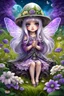 Placeholder: cute happy fairy girl with little wings and rounded ((purple eyes)), big long silver hair, sitting her nice hat a tiny black (kitty with green eyes) , chibi, 3d anime character, detailed, fantasy style, nice picture in the big meadow with pale colors flowers