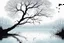 Placeholder: Illustration of a lonely dark tree with barren branches stands on a water's edge, reflected in the water, fog, crows on the sky, mystical landscape, sinister mood, line art