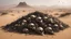 Placeholder: Pile of skulls accumulated in a desert terrain, crows flutter and perch around them and the wind raises dusty trails that drag dry plants