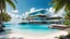 Placeholder: award winning cinematic landscape realistic photography of an image delightful summer day at the Maldives beach, futuristic modern sci-fi lodge