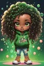 Placeholder: Create an colorful psychedelic comic book illustration of a chibi cartoon black female thick curvy wearing a cut of green and peach hoodie and white jeans and timberland boots. Prominent make up with long lashes and hazel eyes. Highly detailed shiny sister locs. Background of a large bubbles all around her