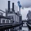 Placeholder: a photograph of a factory polluting the environment from the outside, grey colors