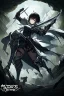 Placeholder: Anime girl with short black hair and sharp green eyes holding a sinister spear, full body black and white metal plate armour, full body shot, Dark lighting,1woman, soaked in blood,Warrior