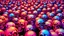 Placeholder: a field of 1000s of cartoonish, anatomically correct, skulls, vivid RANDOM BRIGHT neon colors, dark comedy, well lit, high detail, photorealistic, horrorcore, fun, scary, none featured, each a different color or hue,