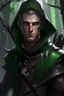 Placeholder: 35 year old male dark rogue wood elf, thief assassin, Mauve hair, sparkling green eyes, glowing brown skin, black hood, black leather, messy, disheveled, trees, sneaky, bow and arrows, tall, skinny