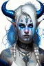 Placeholder: A young tiefling woman with a set of ram horns on her head encrusted with jewels, White-Blonde, medium length hair, black eyes, dressed in white and blue with lots of jewelry, beautiful, tattoos on her neck