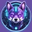 Placeholder: draw a round logo of a cute cartoon purple Shiba inu dog with cybernetic modifications, with a blue glowing button on the forehead and sensors pointing from the button to the ears and muzzle. A light blue circuit board fills the cheek background.