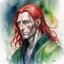 Placeholder: dnd, fantasy, watercolour, large strokes, stylistic, portrait, illustration, dull colours, male, face, narrow long face, weathered face, green eyes, determined, smiling, red hair, very long hair streaming down the shoulders, radiating light, five o'clock shadow, elegant, priest, god's grace