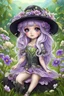 Placeholder: cute happy fairy girl with little wings and rounded ((purple eyes)), big long silver hair, sitting her nice hat a tiny black (kitty with green eyes) , chibi, 3d anime character, detailed, fantasy style, nice picture in the big meadow with pale colors flowers