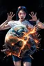 Placeholder: An image of a young Korean woman with a surprised expression, holding her hands up as if she is reacting to a catastrophic event in front of her. She is wearing a white blouse with detail, blue shorts, and sunglasses pushed up onto her head. In front of her, there is a highly detailed planet resembling Earth, dramatically cracking and breaking apart with fiery explosions and molten lava visible at the fractures. Debris is flying outward from the planet. The background is stars/space
